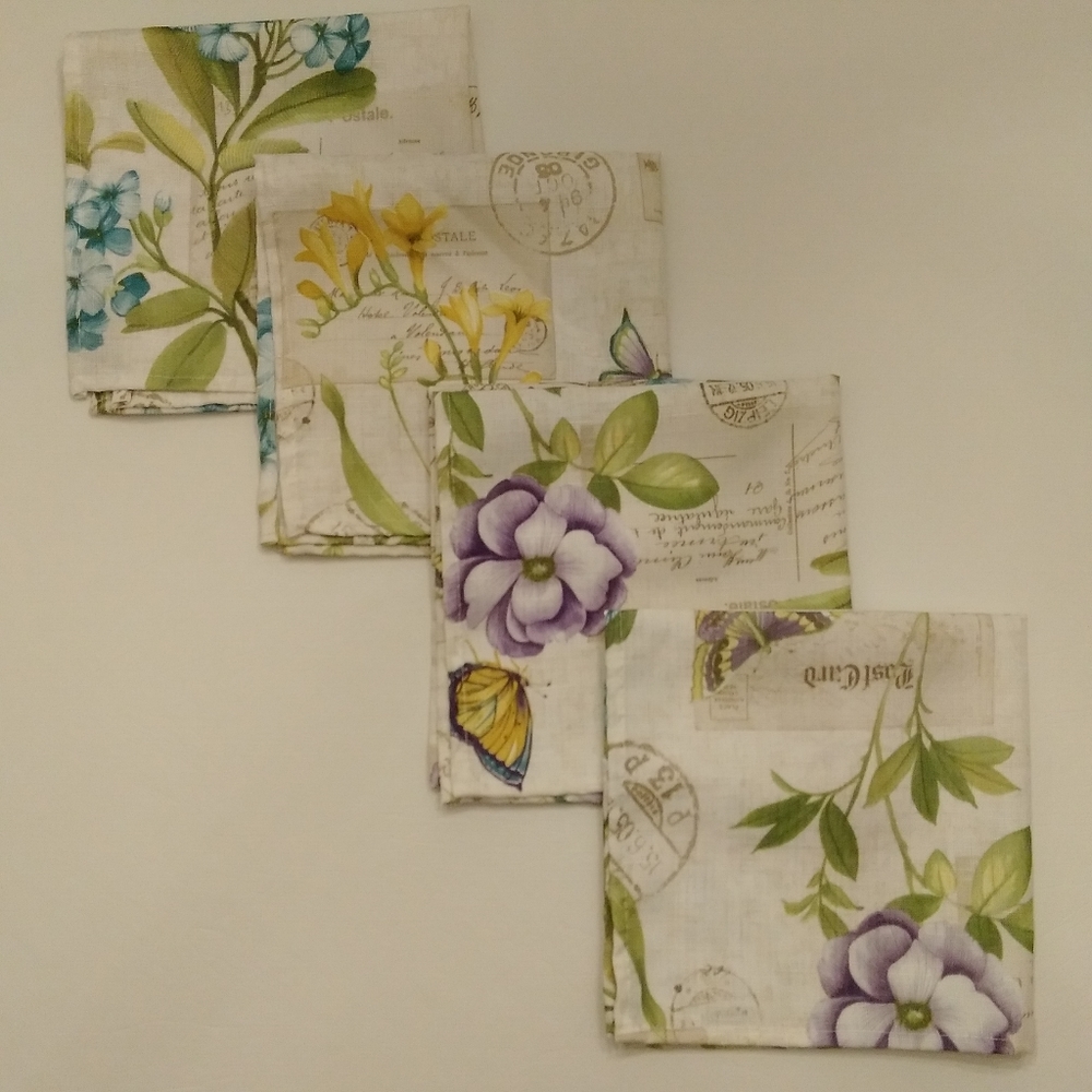 Elrene Botanical Blossom Cloth NAPKINS Set of 4 Floral Butterfly Postmark ~17x17 - Picture 13 of 13